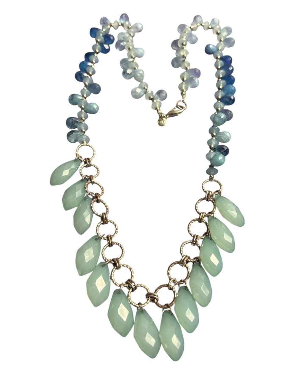 LOFT Blue Teal Plastic Faceted Teardrop Beaded Fringe Necklace Silvertone Chain